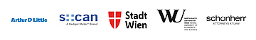 Logos (f. l. t. r.): Arthur D Little, s::can, Stadt Wien, WU Wien, Schönherr Rechtsanwälte