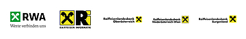 Logos (v. l. n. r.): RWA, Raiffeisen Informatik, Raiffeisenlandesbank OÖ, Raiffeisenlandesbank Niederösterreich-Wien, Raiffeisenlandesbank Burgendland